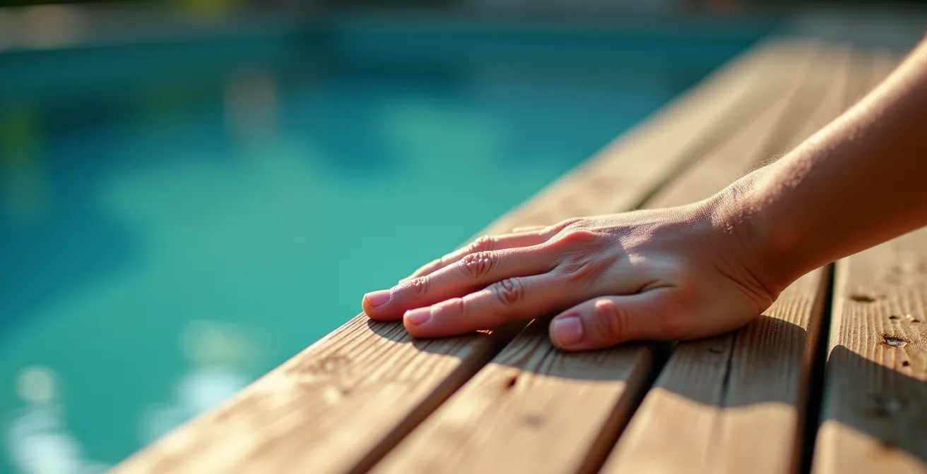 Gros plan d'une main effleurant une margelle en bois de piscine