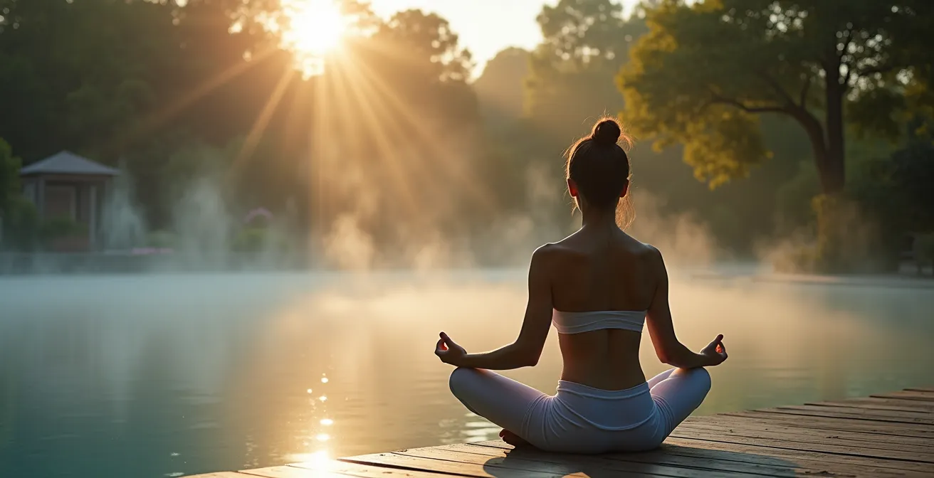 Personne en position de méditation au bord d'une piscine en bois à l'aube