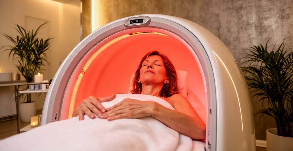 Cliente relaxée dans équipement infrathérapie d'un institut de beauté professionnel