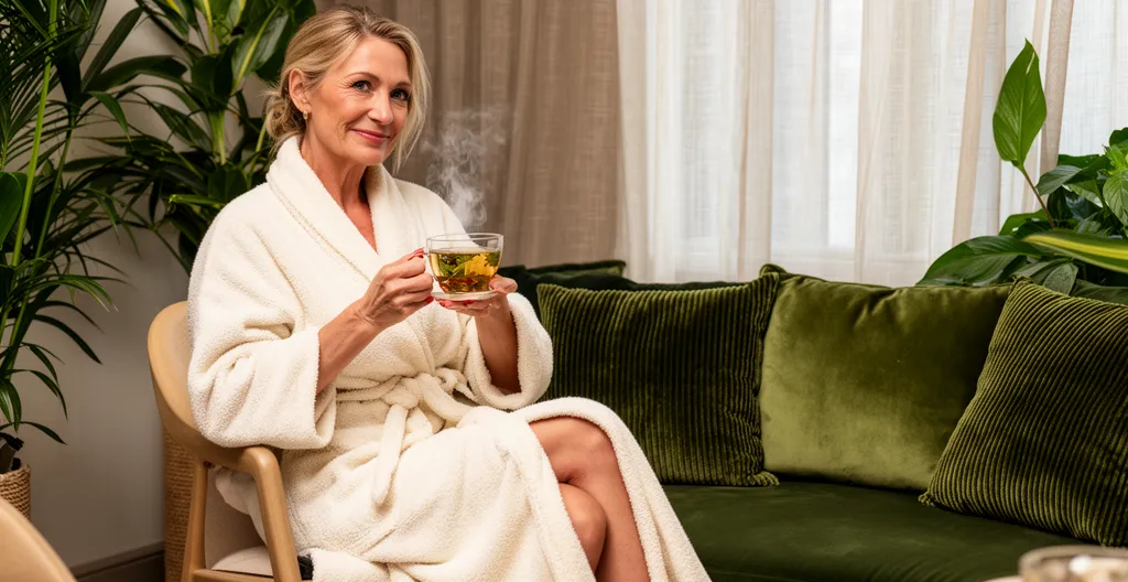 Femme détendue en peignoir après séance bien-être en institut