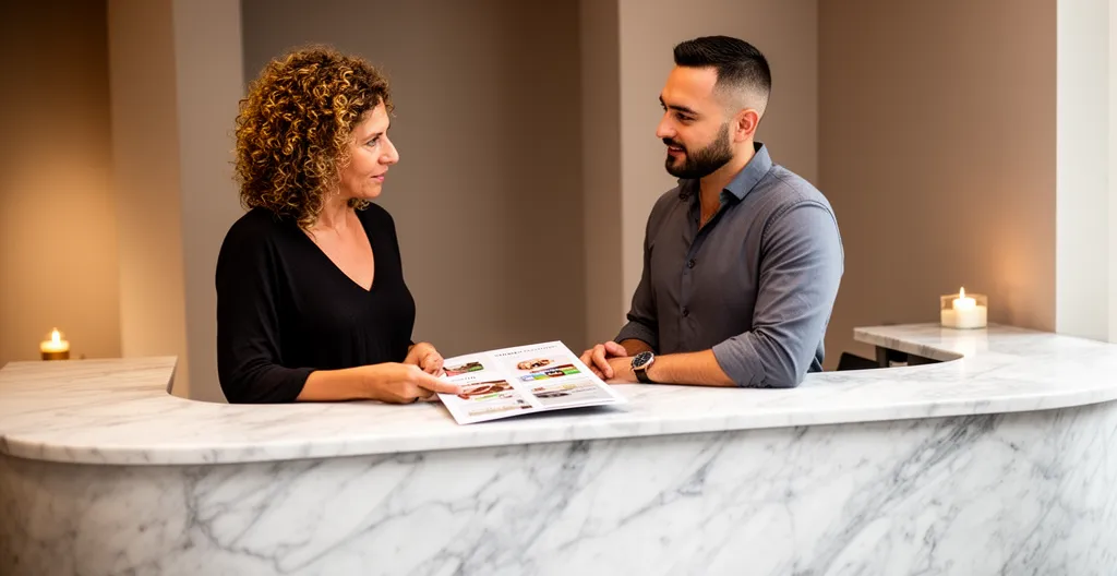Gérante d'institut et commercial en discussion dans l'espace accueil