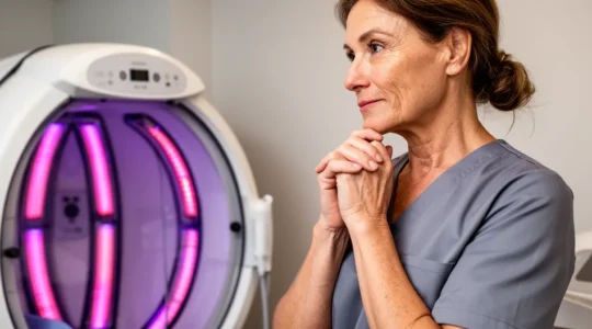 Gérante d'institut examinant un dôme infrarouge dans sa cabine de soins