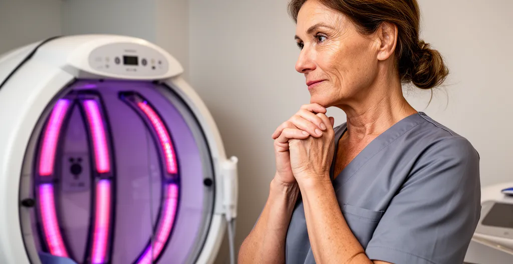 Gérante d'institut examinant un dôme infrarouge dans sa cabine de soins