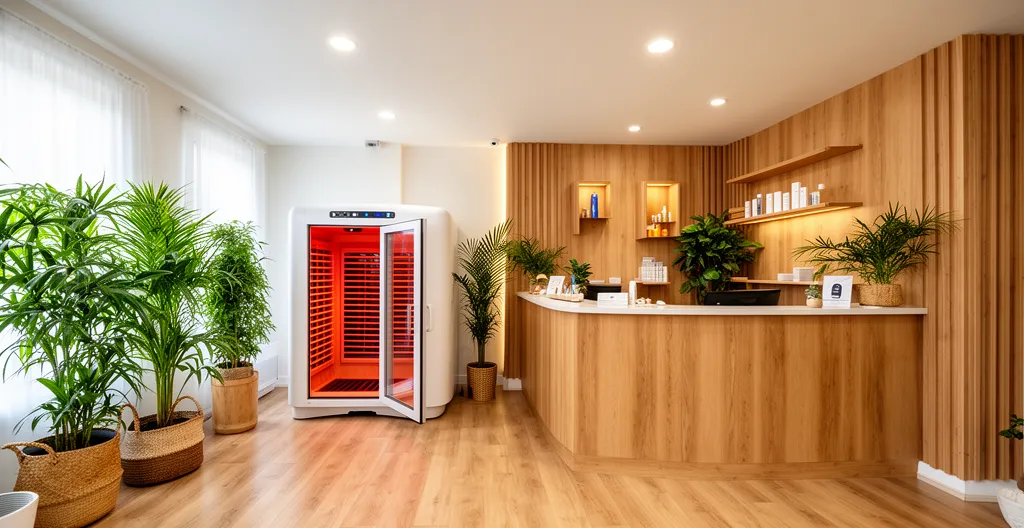Intérieur moderne d'un institut de beauté avec espace infrathérapie visible